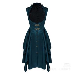 蒸汽大陆深孔雀绿色复古浪漫无袖外搭开襟单排扣醋酸段马甲连衣裙